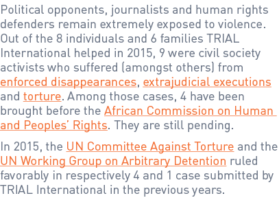 Political opponents, journalists and human rights defenders remain extremely exposed to violence. Out of the 8 indivi...