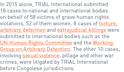 In 2015 alone, TRIAL International submitted 18 cases to national and international bodies on behalf of 58 victims of...