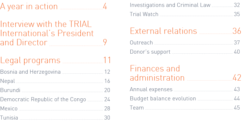 A year in action 4 Interview with the TRIAL International’s President and Director 9 Legal programs 11 Bosnia and Her...