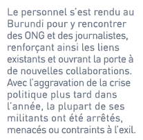 Le personnel s’est rendu au Burundi pour y rencontrer des ONG et des journalistes, renforçant ainsi les liens existan...