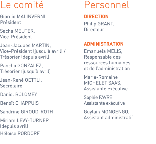 Le comité Giorgio MALINVERNI, Président Sacha MEUTER, Vice-Président Jean-Jacques MARTIN, Vice-Président (jusqu’à avr...