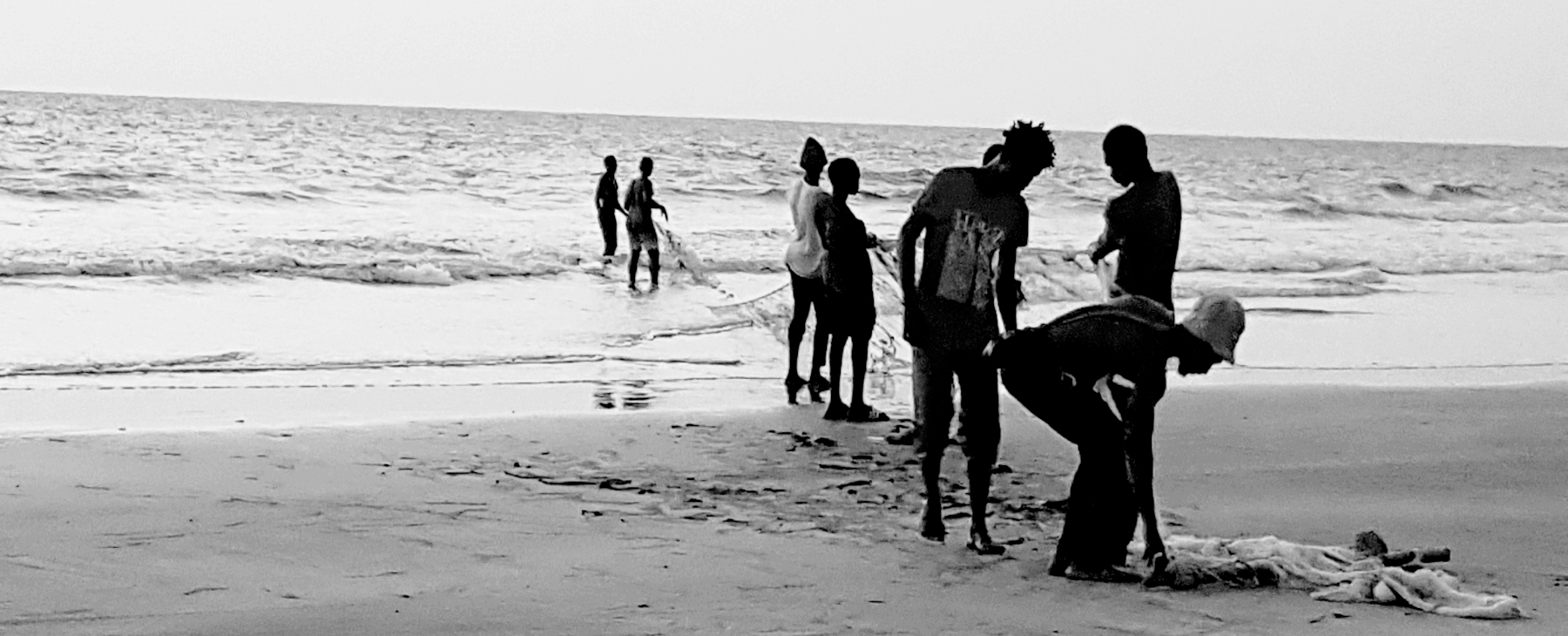 Group of people fishing on the sea shore.