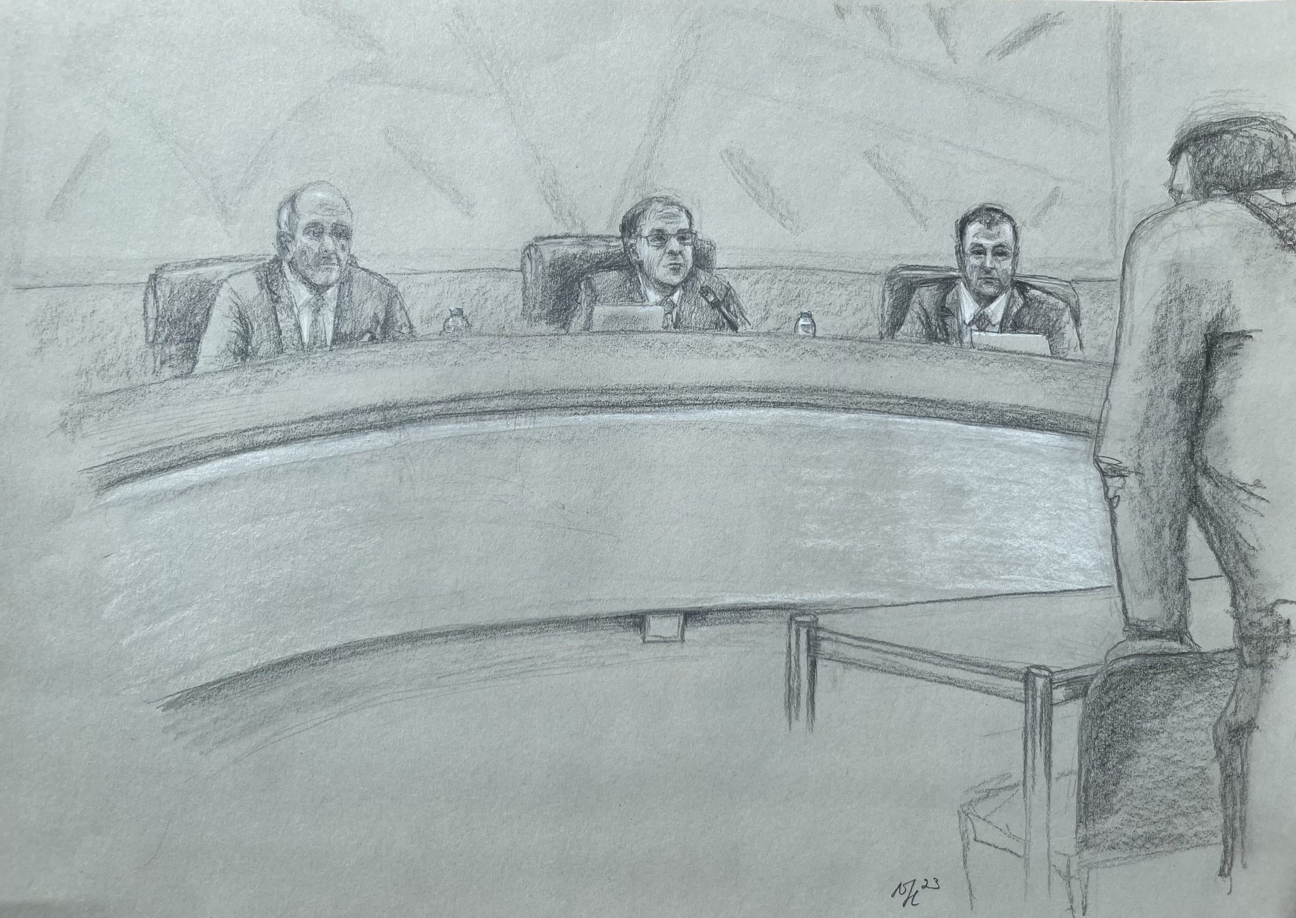 Drawing by Natallia Hersche, a Belarusian artist who was present at the trial of Yuri Harauski on 19-20 September 2023 in St. Gallen, Switzerland.