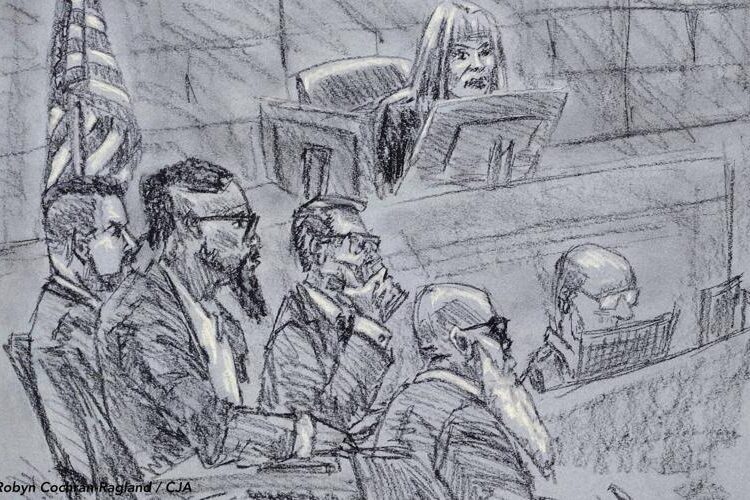 Courtroom sketch showing Michael Correa with his lawyers, during his trial in in Denver on 7 April 2025. Drawing by Robyn Cochran-Ragland / CJA.