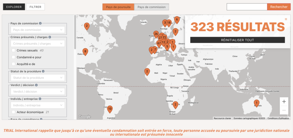 Carte interactive de la compétence universelle (UJIM) mise à disposition par TRIAL International.