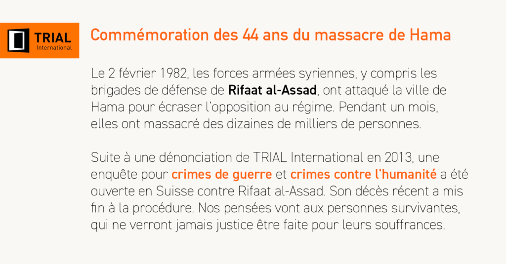 Commémoration des 44 ans du massacre de Hama. Nos pensées vont aux personnes survivantes, qui ne verront jamais justice être faite pour leurs souffrances.